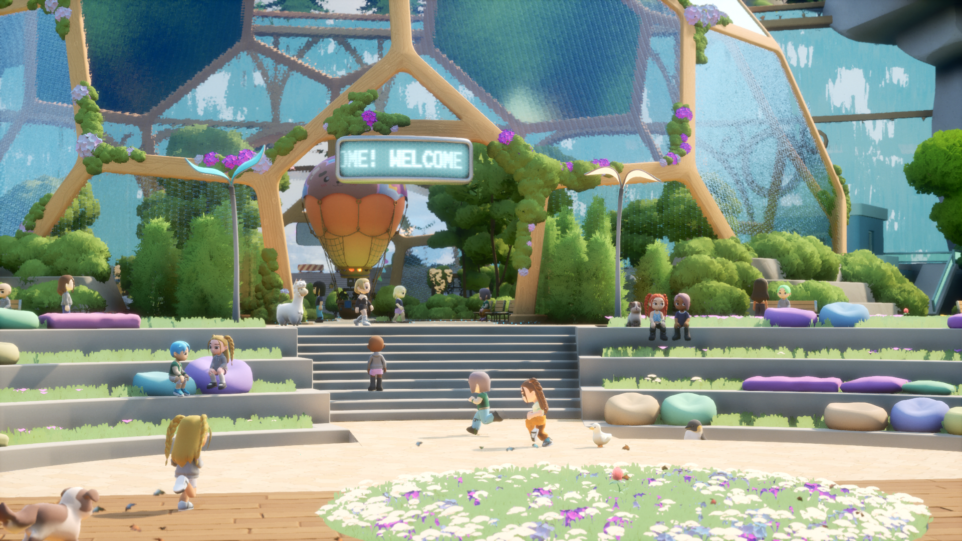 Eine weitläufige offizielle Loftia-Szene mit schwebenden Inseln, Häusern, Farming-Flächen und mehreren Charakteren. Das Motiv sollte die Solarpunk-Welt und den sozialen MMO-Charakter zeigen und ausreichend freie Fläche für das MMOwelten-Hero-Overlay besitzen.
