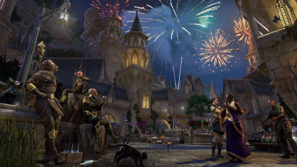 The Elder Scrolls Online: Update 51 bringt wieder echte Entdeckungen Spieler feiern unter einem Feuerwerk in The Elder Scrolls Online